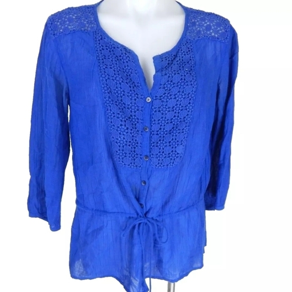 Boden Women's Blue Lace Trim Crinkle Gauze Drawstring Top - Picture 1 of 3
